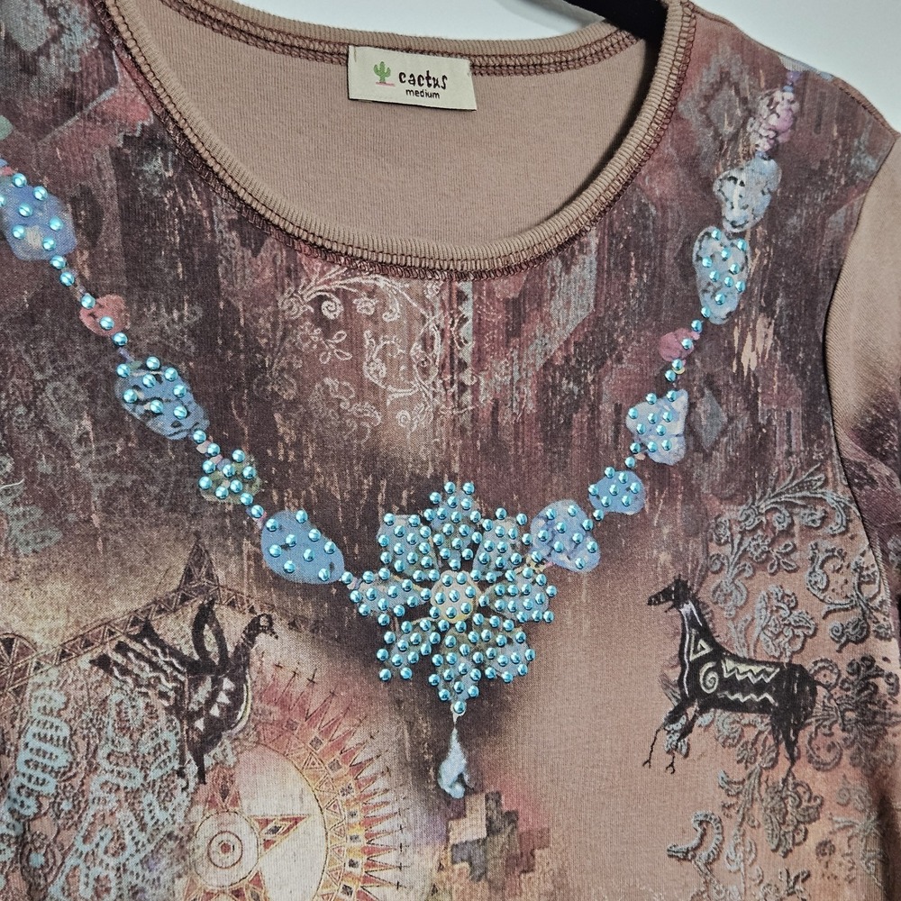 Cactus Blouse Shirt Womens Sz M Western Horse Cotton Embellished 3/4 Sleeve USA - Picture 5 of 7